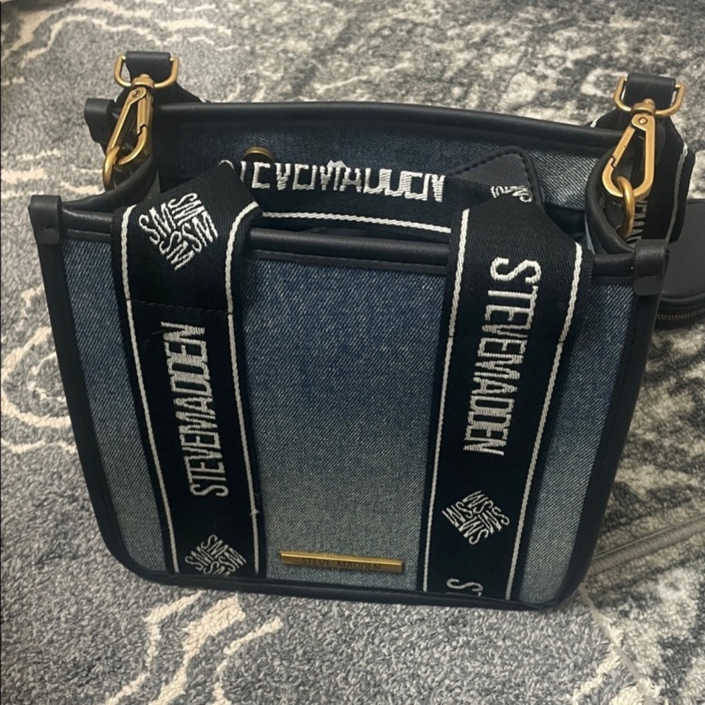 Steve Madden Blue Denim Crossbody with Black Logo Straps